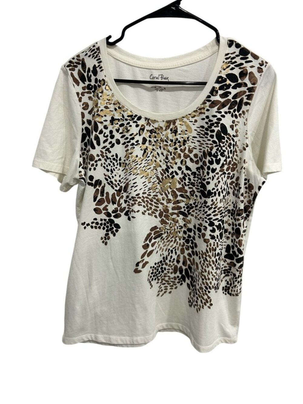 Coral Bay Large White Metallic Leopard Print Scoop Neck T-Shirt Glam Streetwear